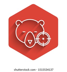 White line Hunt on bear with crosshairs icon isolated with long shadow. Hunting club logo with bear and target. Rifle lens aiming a bear. Red hexagon button. Vector Illustration