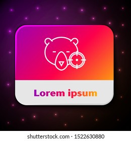 White line Hunt on bear with crosshairs icon isolated on black background. Hunting club logo with bear and target. Rifle lens aiming a bear. Rectangle color button. Vector Illustration