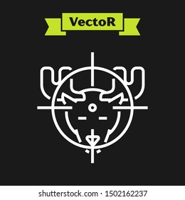 White line Hunt on moose with crosshairs icon isolated on black background. Hunting club logo with moose and target. Rifle lens aiming a moose.  Vector Illustration