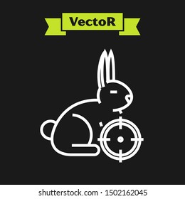 White line Hunt on rabbit with crosshairs icon isolated on black background. Hunting club logo with rabbit and target. Rifle lens aiming a hare.  Vector Illustration