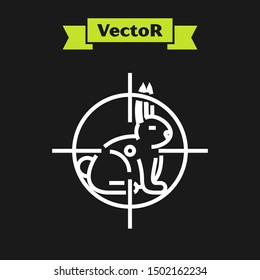 White line Hunt on rabbit with crosshairs icon isolated on black background. Hunting club logo with rabbit and target. Rifle lens aiming a hare.  Vector Illustration