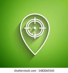 White line Hunt place icon isolated on green background. Navigation, pointer, location, map, gps, direction, place, compass, contact, search.  Vector Illustration