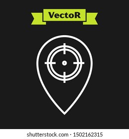 White line Hunt place icon isolated on black background. Navigation, pointer, location, map, gps, direction, place, compass, contact, search.  Vector Illustration