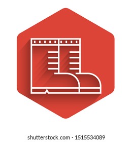 White line Hunter boots icon isolated with long shadow. Red hexagon button. Vector Illustration
