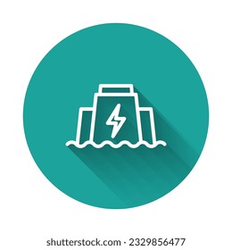 White line Hydroelectric dam icon isolated with long shadow background. Water energy plant. Hydropower. Hydroelectricity. Green circle button. Vector