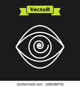 White line Hypnosis icon isolated on black background. Human eye with spiral hypnotic iris.  Vector Illustration