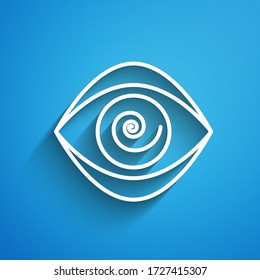 White line Hypnosis icon isolated on blue background. Human eye with spiral hypnotic iris. Long shadow. Vector Illustration