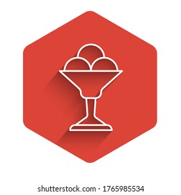 White line Ice cream in the bowl icon isolated with long shadow. Sweet symbol. Red hexagon button. Vector