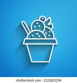 White line Ice cream in the bowl icon isolated on blue background. Sweet symbol. Long shadow. Vector