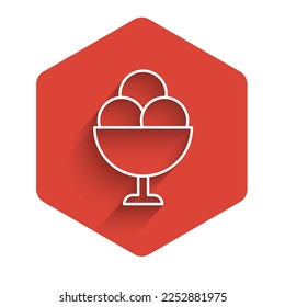 White line Ice cream in the bowl icon isolated with long shadow. Sweet symbol. Red hexagon button. Vector