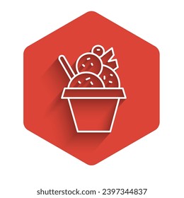 White line Ice cream in the bowl icon isolated with long shadow. Sweet symbol. Red hexagon button. Vector