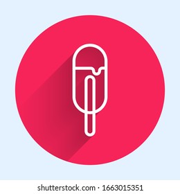 White line Ice cream icon isolated with long shadow. Sweet symbol. Red circle button. Vector Illustration