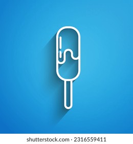 White line Ice cream icon isolated on blue background. Sweet symbol. Long shadow. Vector