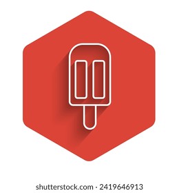 White line Ice cream icon isolated with long shadow. Sweet symbol. Red hexagon button. Vector