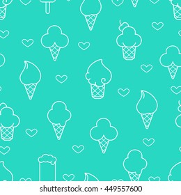 White line ice cream icons on blue seamless pattern. Vector illustration