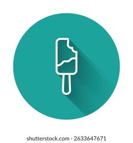 White line Ice cream on stick icon isolated with long shadow background. Sweet symbol. Green circle button. Vector