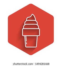 White line Ice cream in waffle cone icon isolated with long shadow. Sweet symbol. Red hexagon button. Vector Illustration