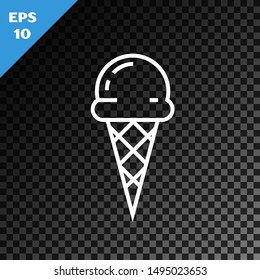 White line Ice cream in waffle cone icon isolated on transparent dark background. Sweet symbol.  Vector Illustration