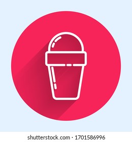 White line Ice cream in waffle cone icon isolated with long shadow. Sweet symbol. Red circle button. Vector Illustration