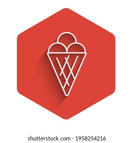 White line Ice cream in waffle cone icon isolated with long shadow. Sweet symbol. Red hexagon button. Vector