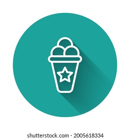 White line Ice cream in waffle cone icon isolated with long shadow background. Sweet symbol. Green circle button. Vector