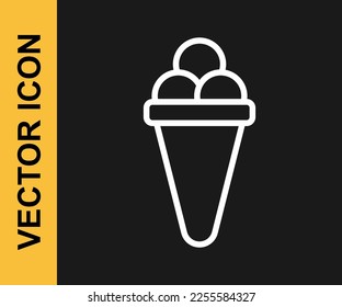 White line Ice cream in waffle cone icon isolated on black background. Sweet symbol.  Vector
