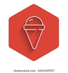 White line Ice cream in waffle cone icon isolated with long shadow. Sweet symbol. Red hexagon button. Vector