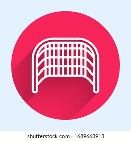 White line Ice hockey goal with net for goalkeeper icon isolated with long shadow. Red circle button. Vector Illustration