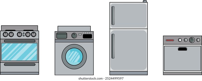 Conjunto de ícones de linha branca. Forno vetorial, máquina de lavar roupa, geladeira e máquina de lavar louça em estilo cartoon