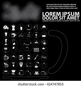 white line icons about the cafe on a mug of coffee on blackboard. In vector format