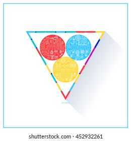 White line   icons of clothing, food and summer on the colored circles in a triangle