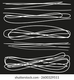 White line icons. Curved vector symbols. Black background design. Abstract pattern shapes.