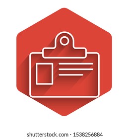 White line Identification badge icon isolated with long shadow. It can be used for presentation, identity of the company, advertising. Red hexagon button. Vector Illustration