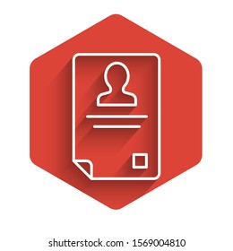 White line Identification badge icon isolated with long shadow. It can be used for presentation, identity of the company, advertising. Red hexagon button. Vector Illustration