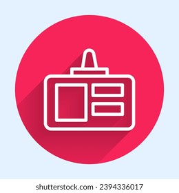 White line Identification badge icon isolated with long shadow background. It can be used for presentation, identity of the company, advertising. Red circle button. Vector