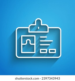 White line Identification badge icon isolated on blue background. It can be used for presentation, identity of the company, advertising. Long shadow. Vector