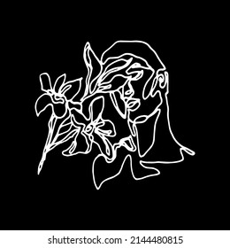 White line illustration of a young woman with flowers on a black background