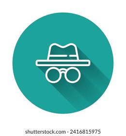 White line Incognito mode icon isolated with long shadow. Green circle button. Vector