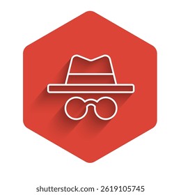 White line Incognito mode icon isolated with long shadow. Red hexagon button. Vector