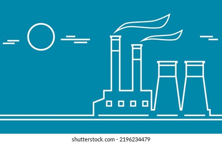 White Line Industrial Factory Or Power Plant (powerhouse) With Smoke And Sun Clouds Environmentally Friendly On Blue Background Outline Icon Flat Vector Design.