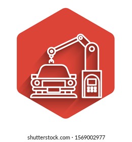 White line Industrial machine robotic robot arm hand on car factory icon isolated with long shadow. Industrial automation production automobile. Red hexagon button. Vector Illustration