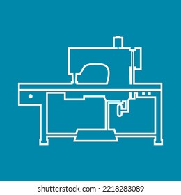 White line industrial sewing machine for sew fabric cloth on blue background outline icon flat vector design.