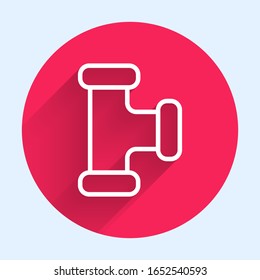 Icono de tubería metálica de la industria de línea blanca aislado con sombra larga. Piezas de tubería de fontanería de diferentes formas. Botón de círculo rojo.  Ilustración vectorial