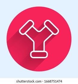 White line Industry metallic pipe icon isolated with long shadow. Plumbing pipeline parts of different shapes. Red circle button. Vector Illustration