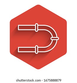 White line Industry metallic pipe icon isolated with long shadow. Red hexagon button. Vector Illustration