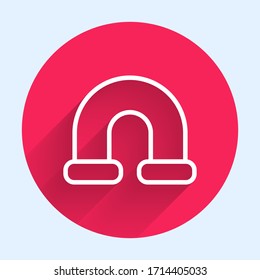 Icono de tubería metálica de la industria de línea blanca aislado con sombra larga. Piezas de tubería de fontanería de diferentes formas. Botón de círculo rojo. Ilustración vectorial