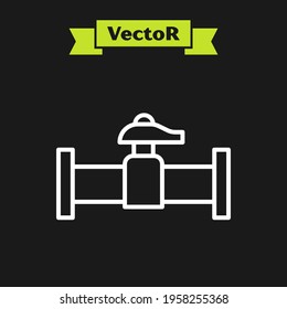 Línea blanca Tubo metálico de la industria e icono de válvula aislados en el fondo negro.  Vector