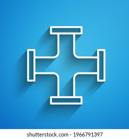 White line Industry metallic pipe icon isolated on blue background. Plumbing pipeline parts of different shapes. Long shadow. Vector