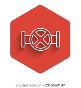 White line Industry metallic pipe and valve icon isolated with long shadow. Red hexagon button. Vector