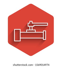 White line Industry metallic pipes and valve icon isolated with long shadow background. Red hexagon button. Vector Illustration